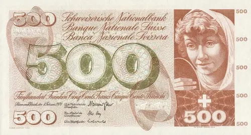 Swiss 500 Franc Banknote Front Issued 1974 Accepted For Exchange
