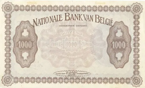 Belgian 1000 Franc Banknote (Comptes courants) Front Issued 1914 accepted for exchange