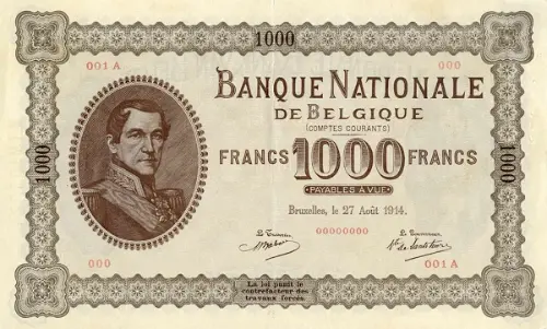 Belgian 1000 Franc Banknote (Comptes courants) Front Issued 1914 accepted for exchange