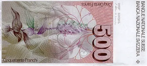 Swiss 500 Franc Banknote Front Issued 1992 Accepted For Exchange