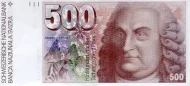 Swiss 500 Franc Banknote Front Issued 1992 Accepted For Exchange
