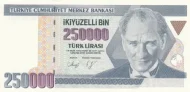 Turkish 250000 Old Lira Banknote Front Issued 1992 Accepted For Exchange
