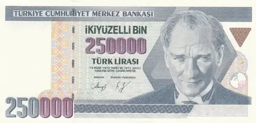 Turkish 250000 Old Lira Banknote Front Issued 1992 Accepted For Exchange