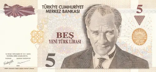 Turkish 5 New Lira Banknote Front Issued 2005 Accepted For Exchange
