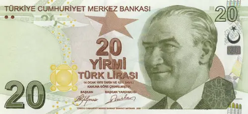 Turkish 20 Lira Banknote Front Issued 2009 Accepted For Exchange