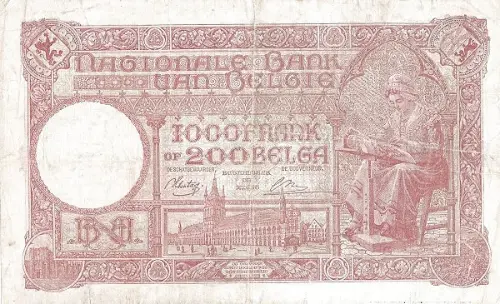 Belgian 1000 Franc Banknote (Série Nationale Carmin) Front Issued 1919 accepted for exchange