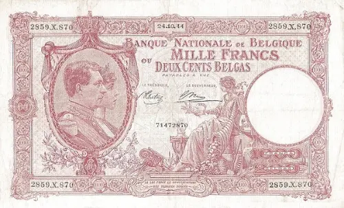 Belgian 1000 Franc Banknote (Série Nationale Carmin) Front Issued 1919 accepted for exchange