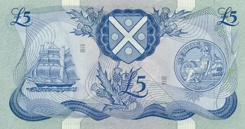 Scottish 5 Pound Bank of Scotland Banknote Front Issued 1977 Accepted For Exchange
