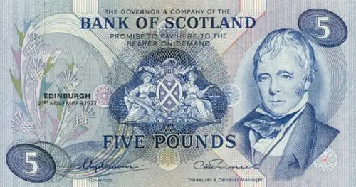 Scottish 5 Pound Bank of Scotland Banknote Front Issued 1977 Accepted For Exchange