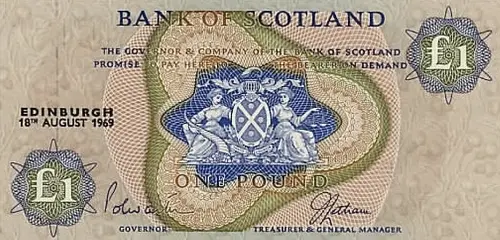 Scottish 1 Pound Bank of Scotland Banknote Front Issued 1969 Accepted for Exchange