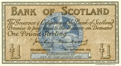 Scottish 1 Pound Bank of Scotland Banknote Front Issued 1956 Accepted For Exchange