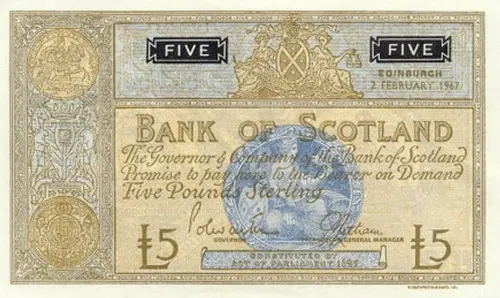 Scottish 5 Pound Bank of Scotland Banknote Front Issued 1967 Accepted For Exchange