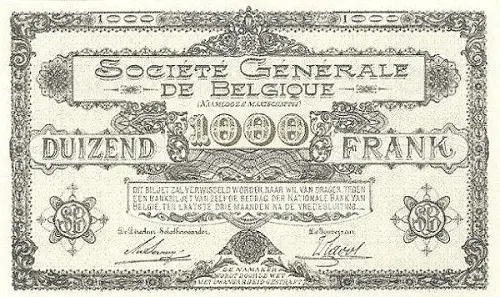 Belgian 1000 Franc Banknote (Societe Generale) Front Issued 1915 accepted for exchange
