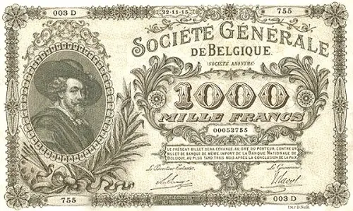 Belgian 1000 Franc Banknote (Societe Generale) Front Issued 1915 accepted for exchange