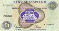 Scottish 5 Pound Bank of Scotland Banknote Front Issued 1969 Accepted For Exchange For Exchange