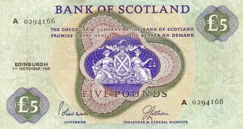 Scottish 5 Pound Bank of Scotland Banknote Front Issued 1969 Accepted For Exchange For Exchange