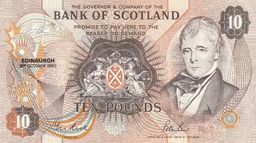 Scottish 10 Pound Bank of Scotland Banknote Front Issued 1990 Accepted for Exchange