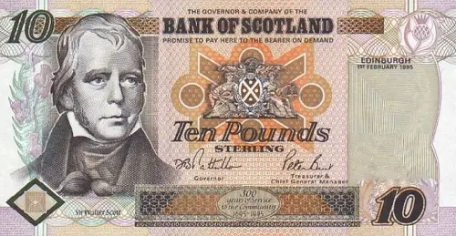 Scottish 10 Pound Bank of Scotland Banknote Front Issued 1995 Accepted For Exchange