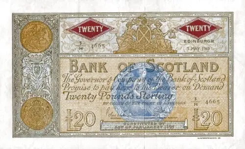Scottish 20 Pound Bank of Scotland Banknote Front Issued 1955 Accepted For Exchange