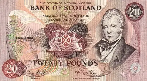 Scottish 20 Pound Bank of Scotland Banknote Front Issued 1987 Accepted For Exchange
