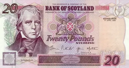 Scottish 20 Pound Bank of Scotland Banknote Front Issued 1998 Accepted For Exchange