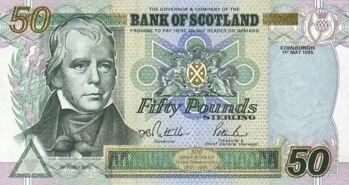 Scottish 50 Pound Bank of Scotland Banknote Front Issued 1995 Accepted For Exchange