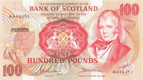 Scottish 100 Pound Bank of Scotland Banknote Front Issued 1970 Accepted For Exchange
