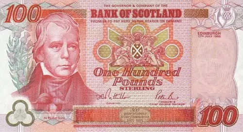 Scottish 100 Pound Bank of Scotland Banknote Front Issued 1995 Accepted For Exchange