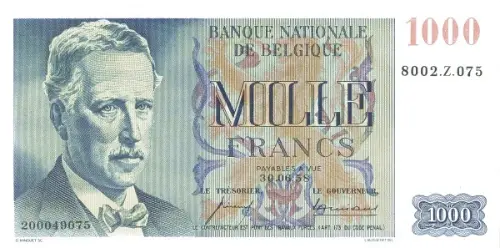 Belgian 1000 Franc Banknote (type Centenaire) Front Issued 1950 accepted for exchange
