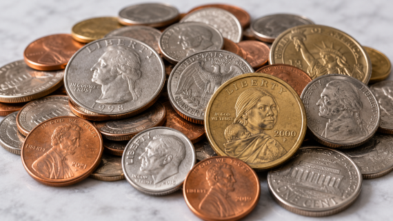 pile of US dollar coins on a table