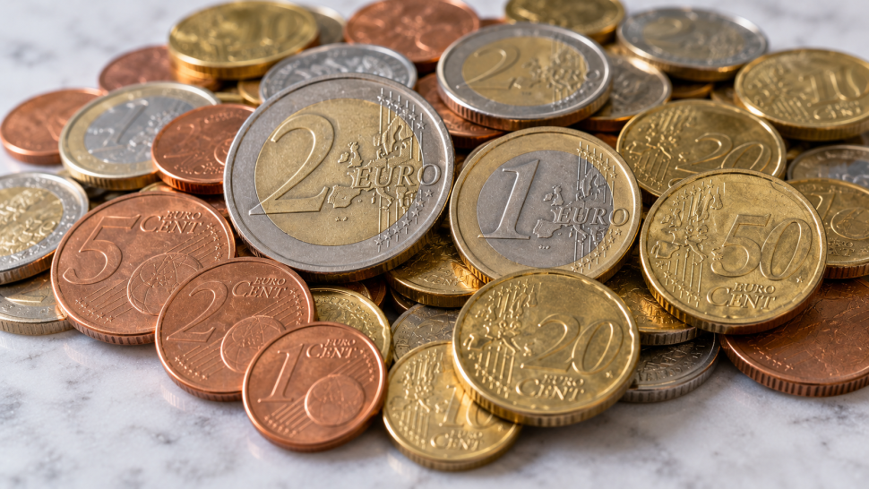A pile of mixed euro coins for exchange on a counter top