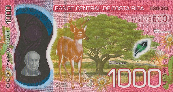 1,000 Costa Rican Colones polymer banknote (Braulio Carrillo Colina, 2019) (reverse)