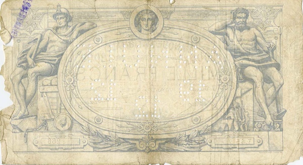 1.000 Francs BEF Banknote (Pre-World War I Issue) 1870-1884 (reverse)