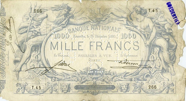 1.000 Francs BEF Banknote (Pre-World War I Issue) 1870-1884