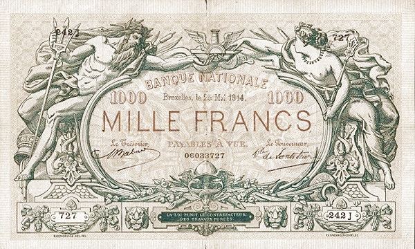 1.000 Francs BEF Banknote (Pre-World War I Issue) 1909-1921