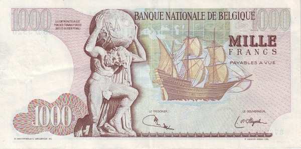 1.000 Francs / Frank BEF Banknote (Interwar Period Issue) 1961-1976 (reverse)