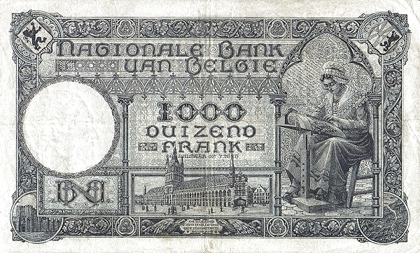 1.000 Francs / Frank BEF Banknote (World War I Issue) 1922-1927 (reverse)