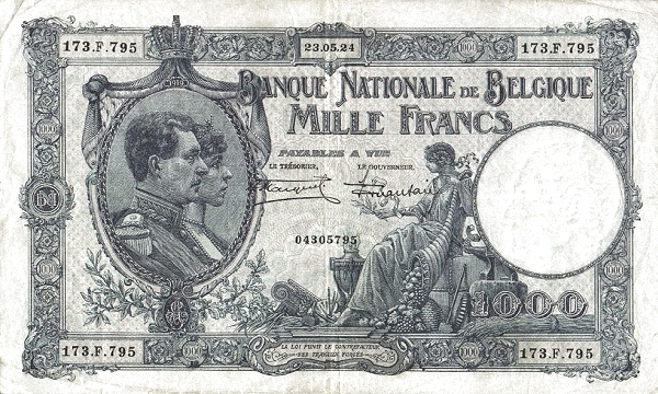 1.000 Francs / Frank BEF Banknote (World War I Issue) 1922-1927