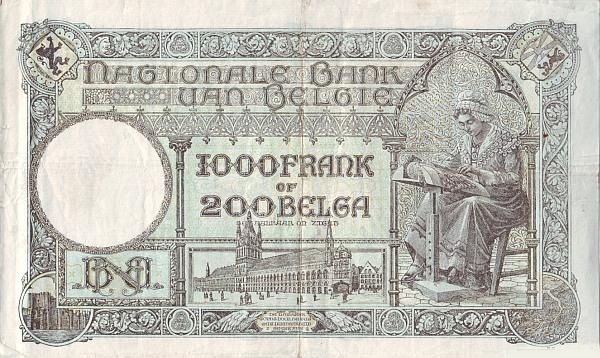 1.000 Francs / Frank BEF Banknote (World War I Issue) 1928-1939 (reverse)