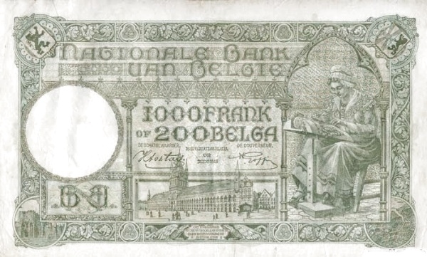 1.000 Francs / Frank BEF Banknote (World War I Issue) 1939-1944 (reverse)