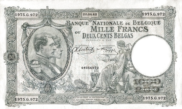1.000 Francs / Frank BEF Banknote (World War I Issue) 1939-1944