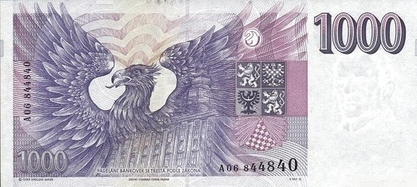 1.000 Korun Českých CZK Banknote (1993 First Czech National Bank Issue) 1993 (reverse)