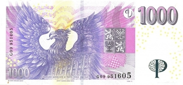 1.000 Korun Českých CZK Banknote (2007-2023 Modernized Czech Banknote Issue) 2008 (reverse)