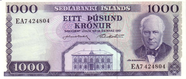 1.000 Krónur ISL Banknote (Sedlabanki Islands Modern Issue) 1961