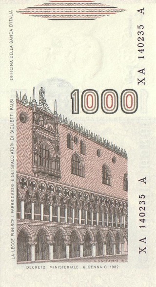 1.000 Lire ITA Banknote (Modern Lira Banknotes) 1982 (reverse)