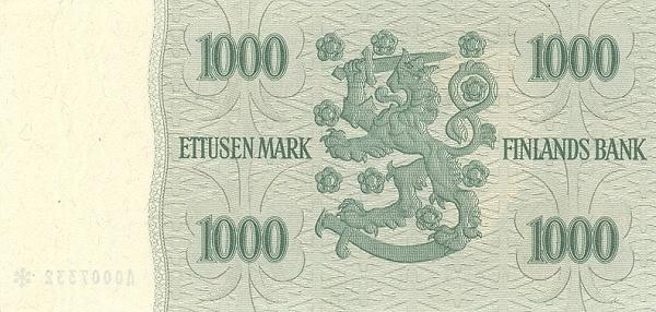1.000 Markkaa / Mark FIN Banknote (Post-WWII Markka Issue) 1955 (reverse)