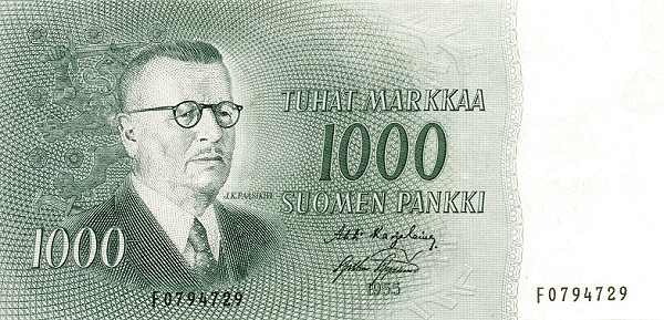 1.000 Markkaa / Mark FIN Banknote (Post-WWII Markka Issue) 1955