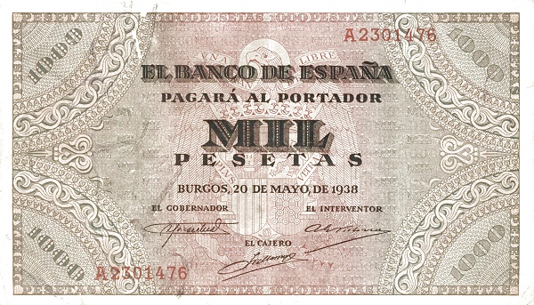 1.000 Pesetas ESP Banknote (Banco de España (Burgos Issue)) 1938