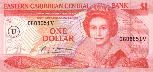 1 Dollar XCD Banknote (1985–1987 'Anguilla not Named on Map' Issue) 1985-1988 (reverse)