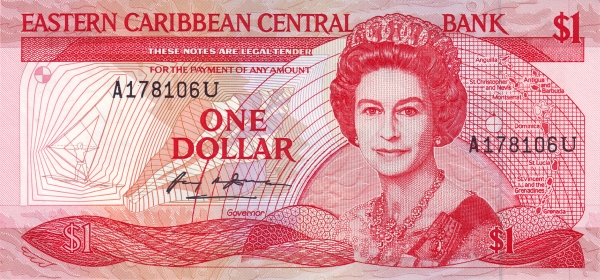 1 Dollar XCD Banknote (1985–1993 'Anguilla Named on Map' Issue) 1988-1989 (reverse)